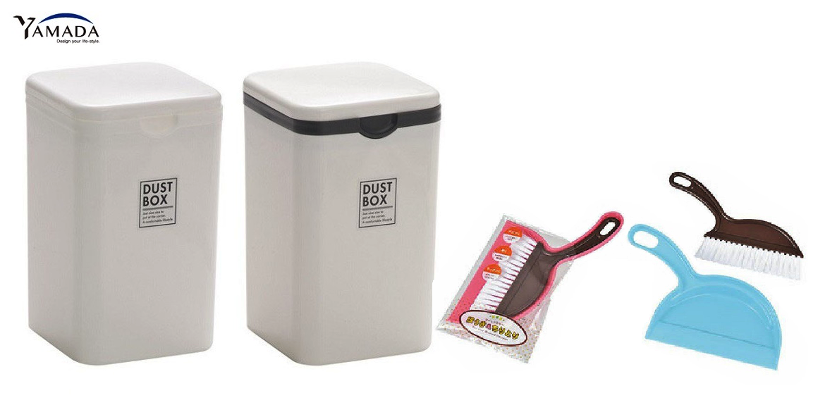Thùng rác nhựa mini Yamada Dust Box + 01 Bộ chổi & xẻng hót rác Mini Echo Metal - Hàng nội địa Nhật Bản