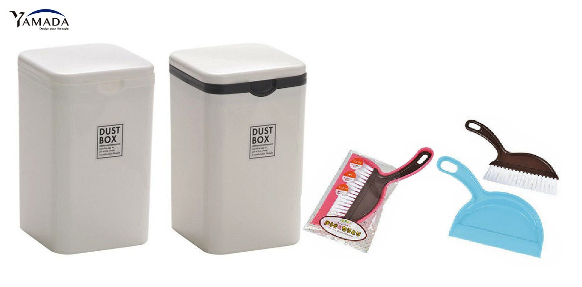 Thùng rác nhựa mini Yamada Dust Box + 01 Bộ chổi &amp; xẻng hót rác Mini Echo Metal - Hàng nội địa Nhật Bản (Giao màu ngẫu nhiên