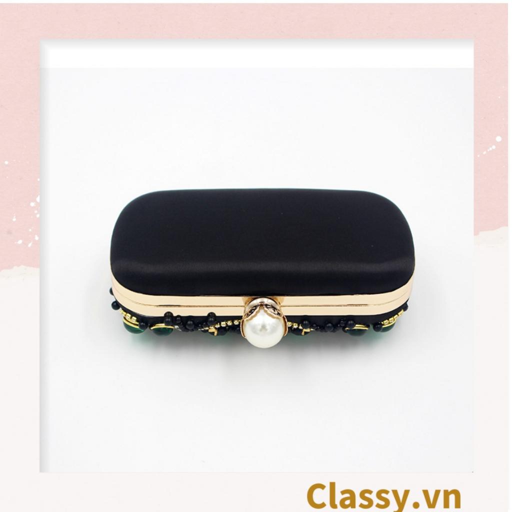 Clutch Classy cầm tay lụa satin 18.5x5.5x10CM, màu đen đính hạt mang lại nét thời trang thời thượng cho buổi tiệc T1187