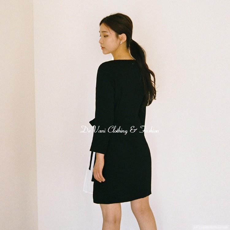 Đầm dự tiệc tay dài màu đen phối lụa voan cát trắng