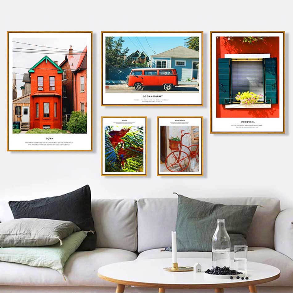 Bộ 5 tranh canvas treo tường Decor phong cảnh kiến trúc, tông đỏ, phong cách hiện đại - DC079