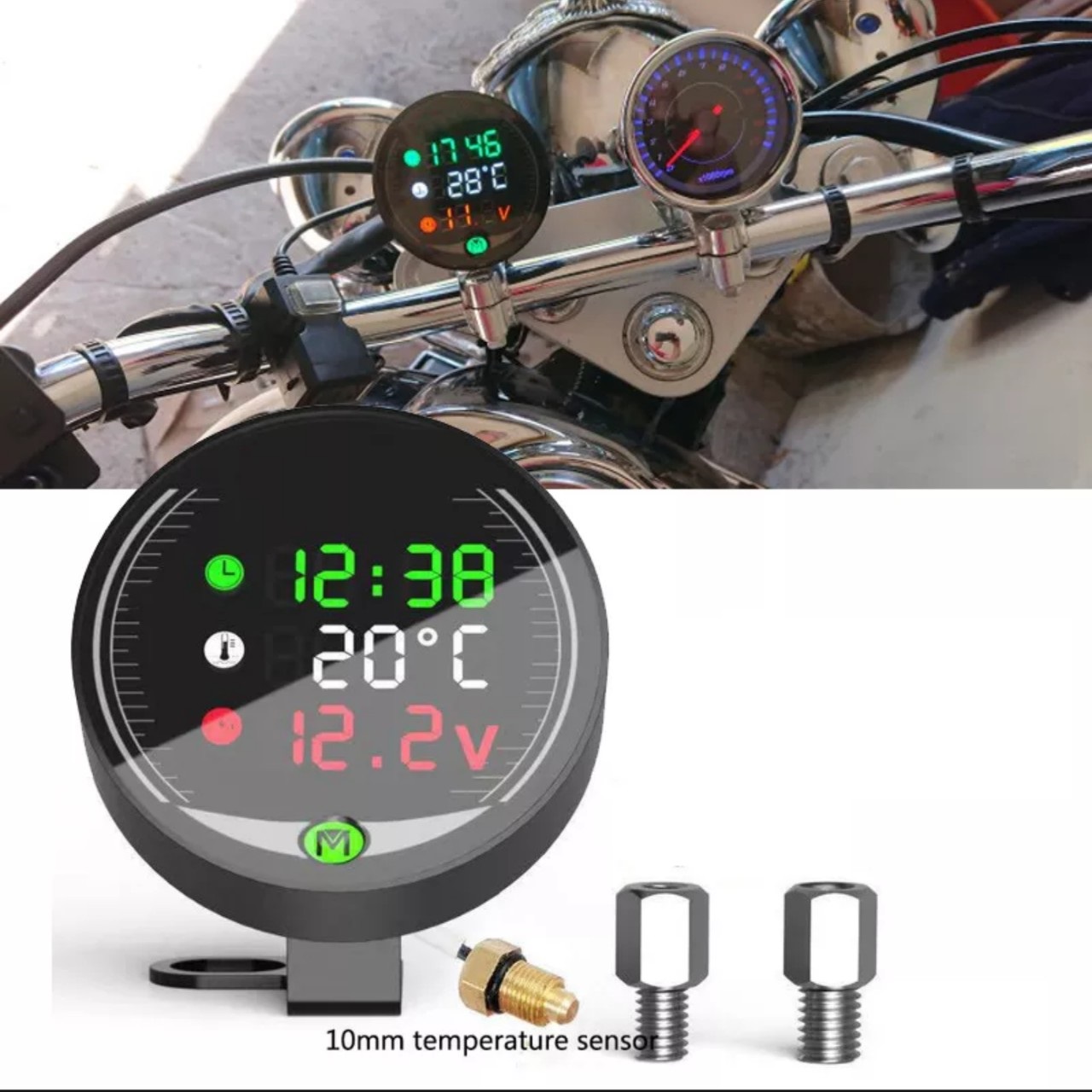 Đồng hồ 3in1 xe máy CTR báo giờ, vôn ắc quy, nhiệt độ đa năng mẫu mới hàng cao cấp