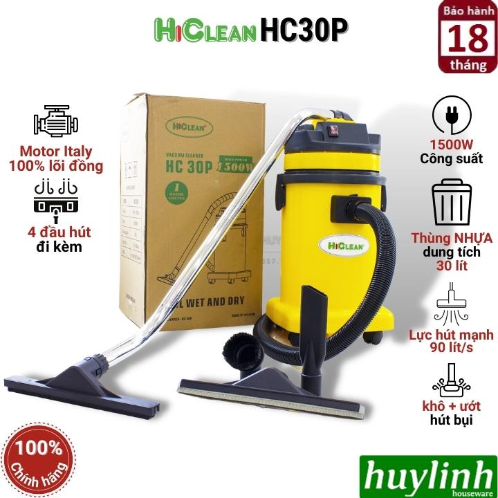 Máy hút bụi công nghiệp Khô và Ướt Hiclean HC30P - dung tích 30 lít - Công suât 1500W - Motor lõi đồng - Hàng chính hãng