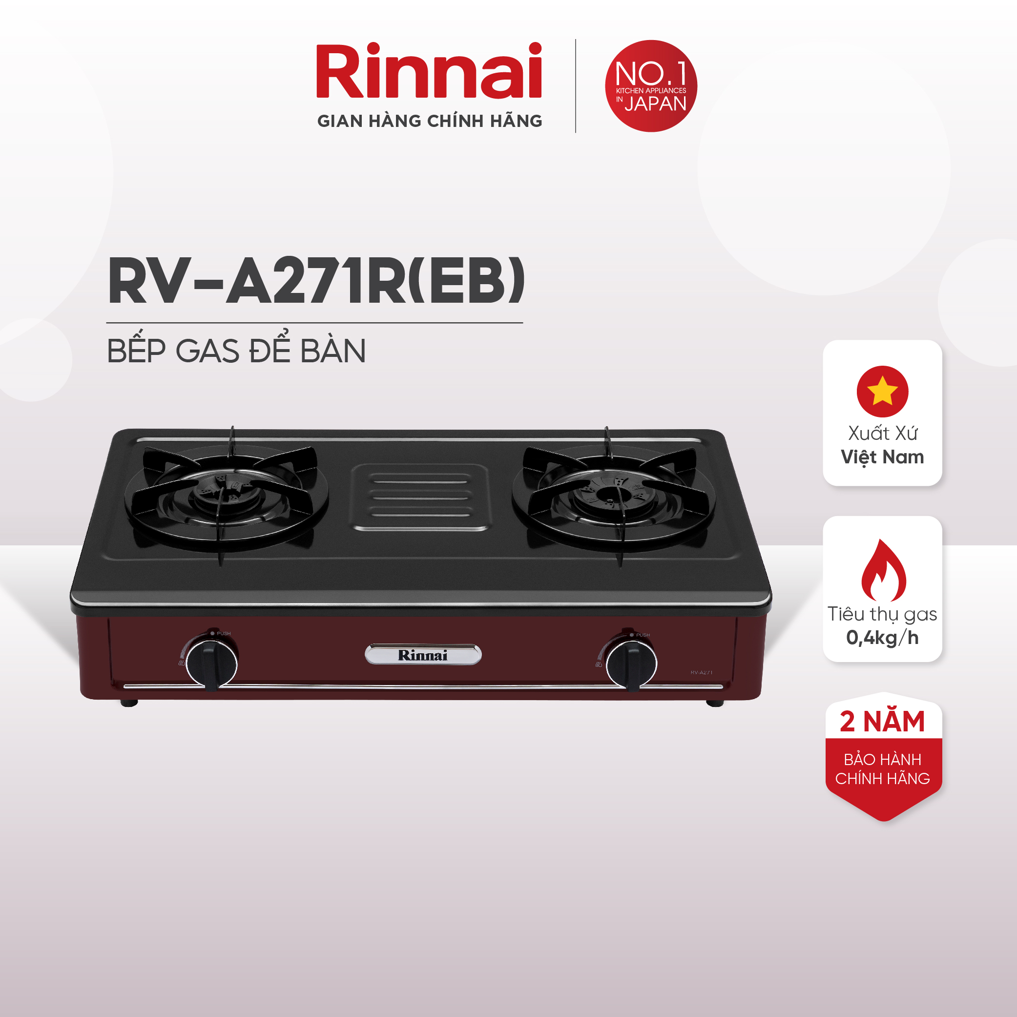 Bếp gas dương Rinnai RV-A271R(EB) mặt bếp men và kiềng bếp men - Hàng chính hãng.