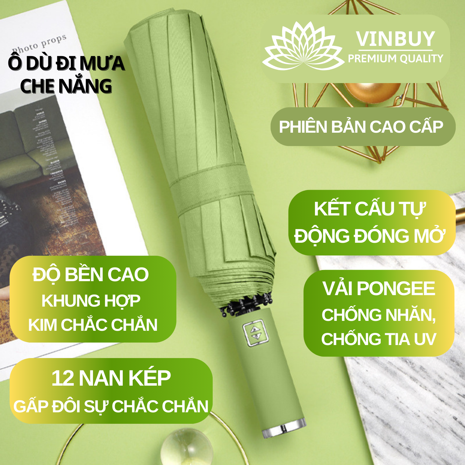 Ô Dù Che Mưa Nắng Gấp Gọn 2 Chiều Vải Hai Lớp Chống Thấm Cao Cấp – Hàng Chính Hãng