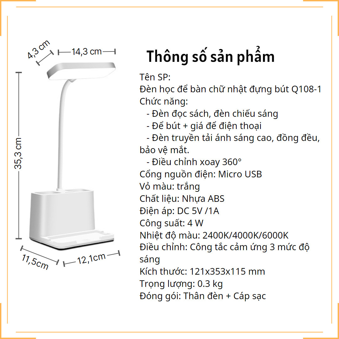 Đèn học để bàn Pin sạc 2500 mAh Đựng bút 3 nhiệt độ màu Làm mờ vô cấp Hình chữ nhật