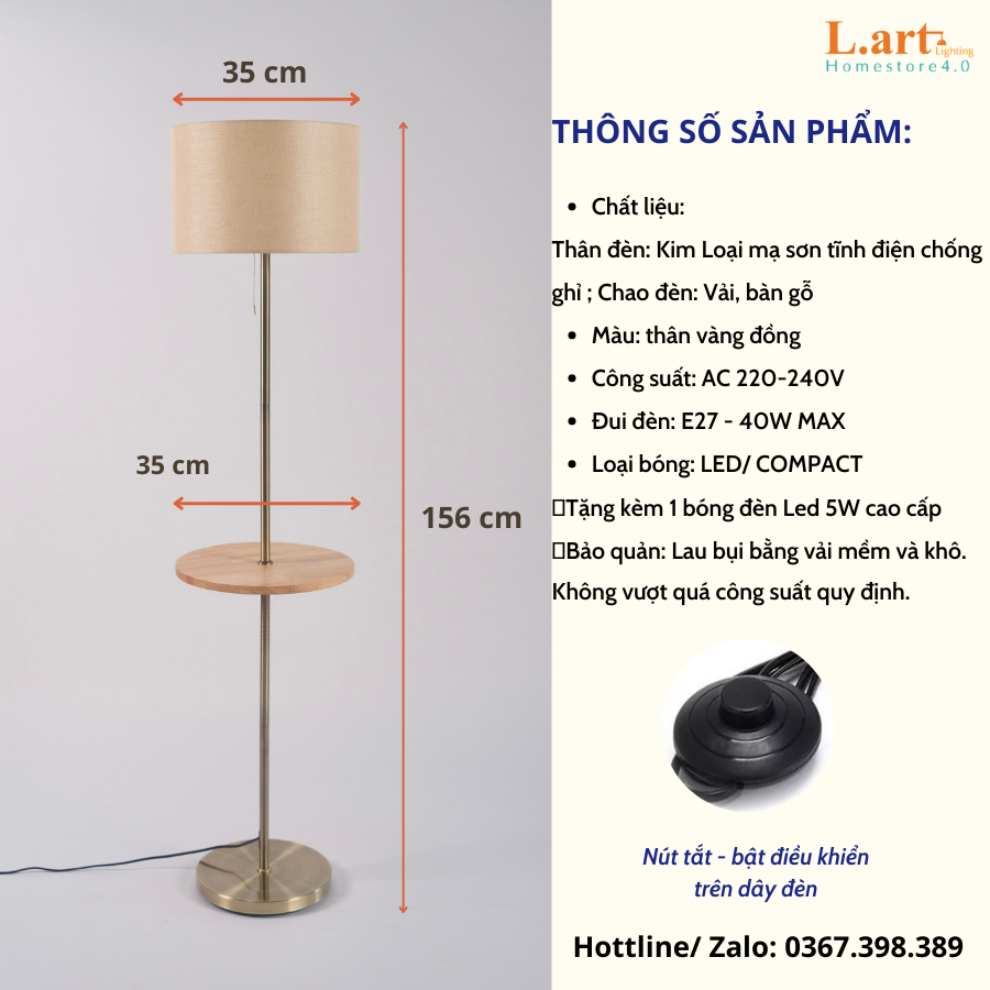 Đèn cây đứng có nút dây rút trên đui đèn phong cách Châu Âu kèm bàn gỗ sang trọng 2 in 1 - DCLA007