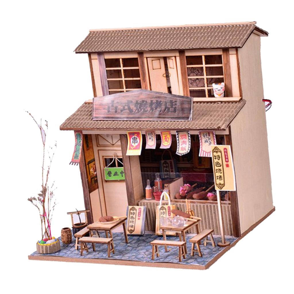 1/24 DIY Nhà Búp Bê Mini Bộ với Nội Thất, Ánh Sáng BBQ Nhà Hàng Quà Tặng