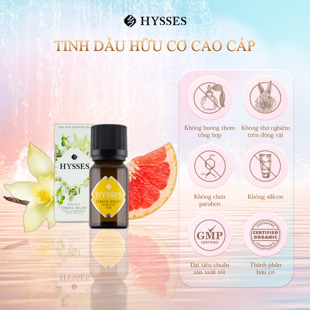 Tinh Dầu Cao Cấp Hysses Remedies Stress Relief Giảm Căng Thẳng, Thư Giãn Cơ Thể, Cân Bằng Cảm Xúc Với Tinh Dầu Bưởi và Vani Hữu Cơ Tự Nhiên Từ Madagascar Mỹ