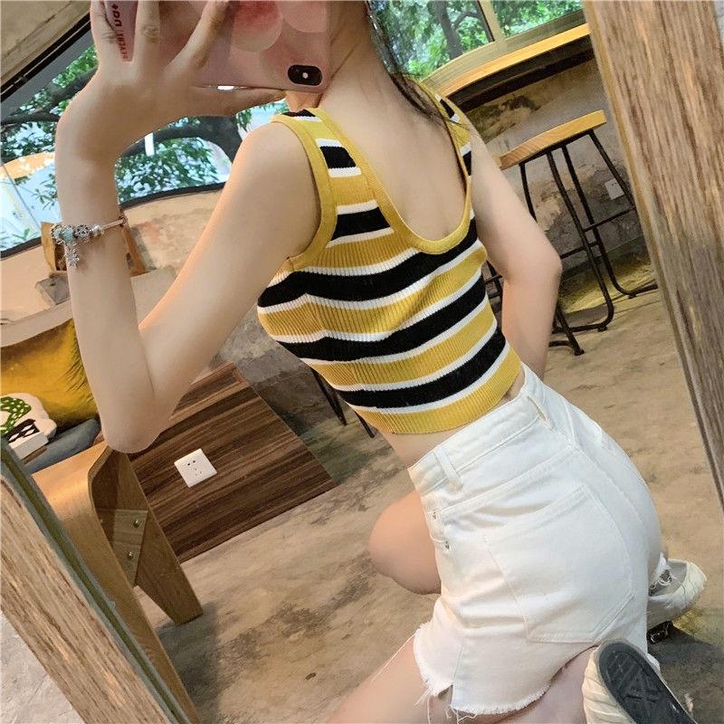 Áo len nữ ba lỗ croptop kẻ ngang 2 màu hàng Quảng Châu