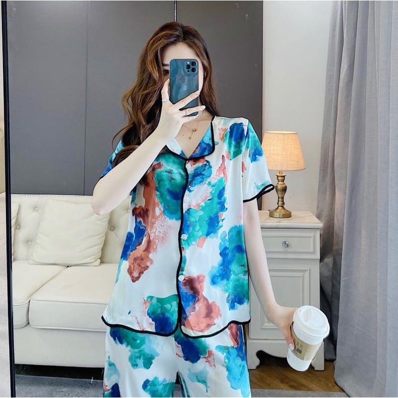BỘ LỤA CỘC TAY QUẦN DÀI HOẠ TIẾT VIỀN ĐEN XINH