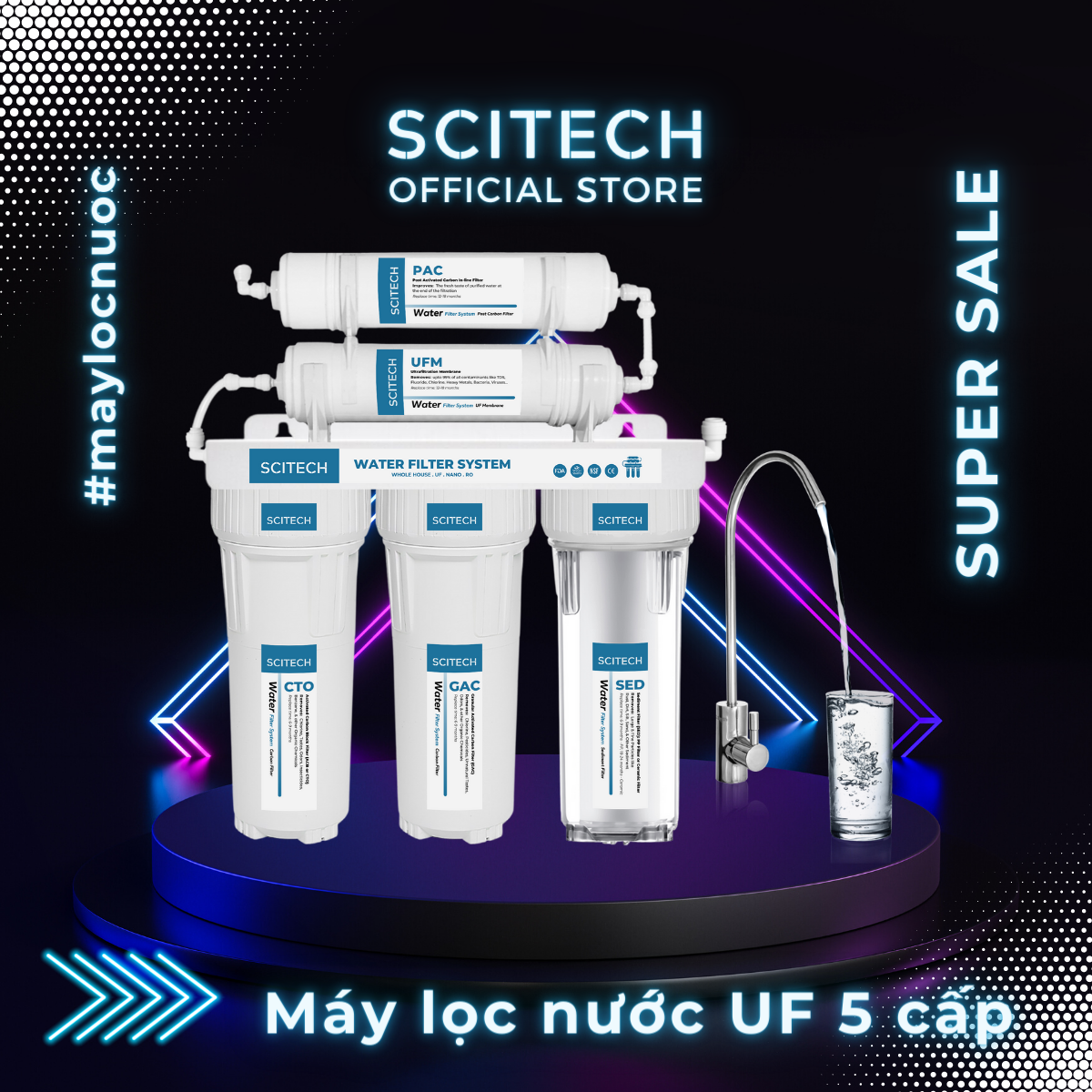 Bộ lọc nước uống công nghệ UF 5 cấp lọc by Scitech (Không dùng điện, không nước thải) - Hàng chính hãng