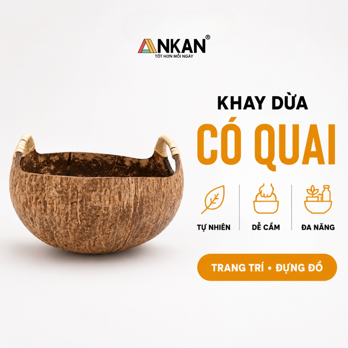Bát Gáo Dừa Có Quai ANKAN Tô Gỗ Dừa Handmade – Decor Vintage Đựng Trái Cây, Snack, Nến Thơm
