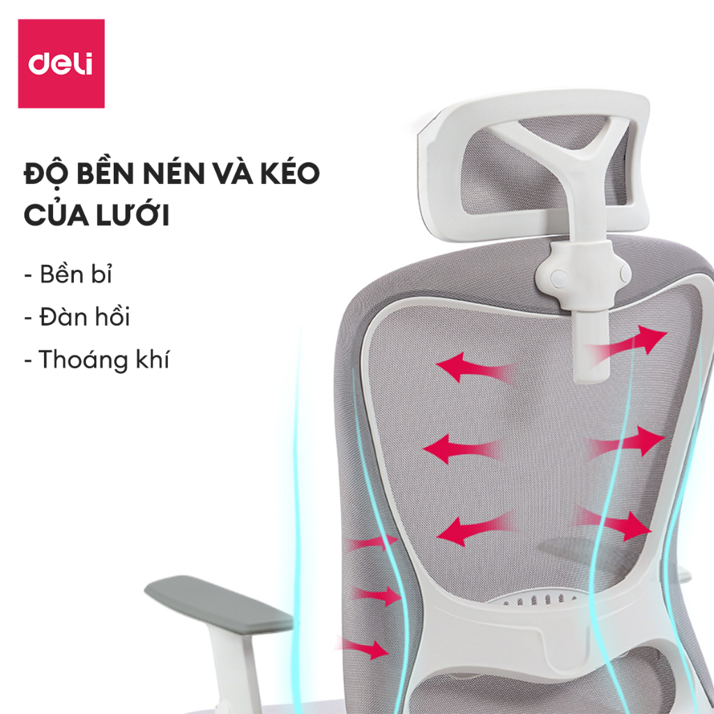 Ghế Xoay Văn Phòng Công Thái Học Cao Cấp Có Khóa Ngả Lưng 135 Độ Gối Tựa Đầu 3D Tựa Tay Điều Chỉnh Deli - Hỗ Trợ Đốt Sống Cổ Tối Ưu Tư Thế Ngồi - Bảo Hành 3 Năm - Ghế Làm Việc Tại Nhà, Văn Phòng