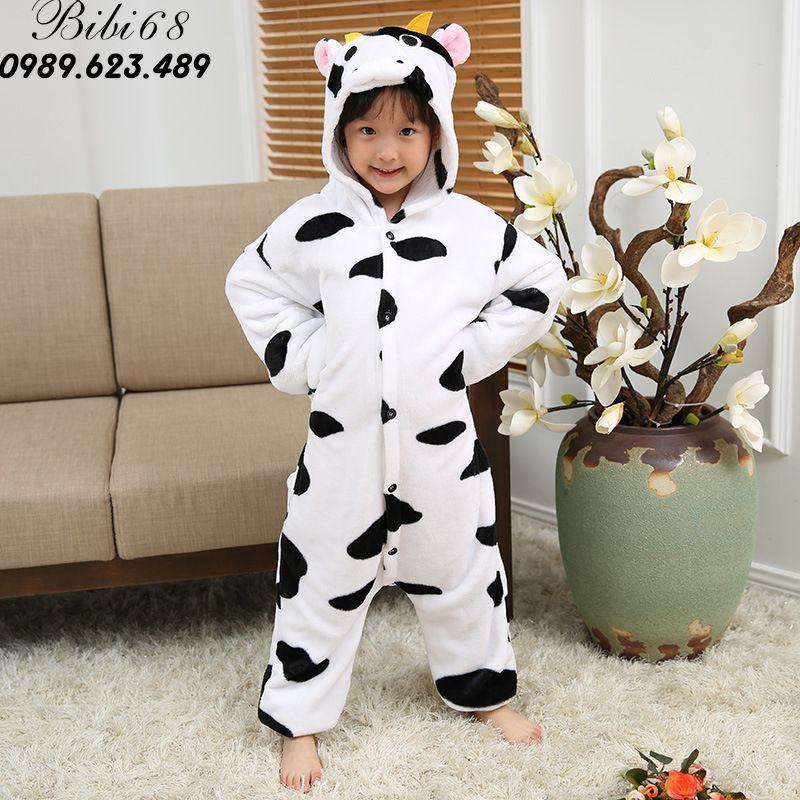 Bộ Đồ thú bò sữa liền thân lông mịn Pijama dành Cho Người Lớn và Trẻ Em kiểu dáng Động Vật Hoạt Hình Cosplay