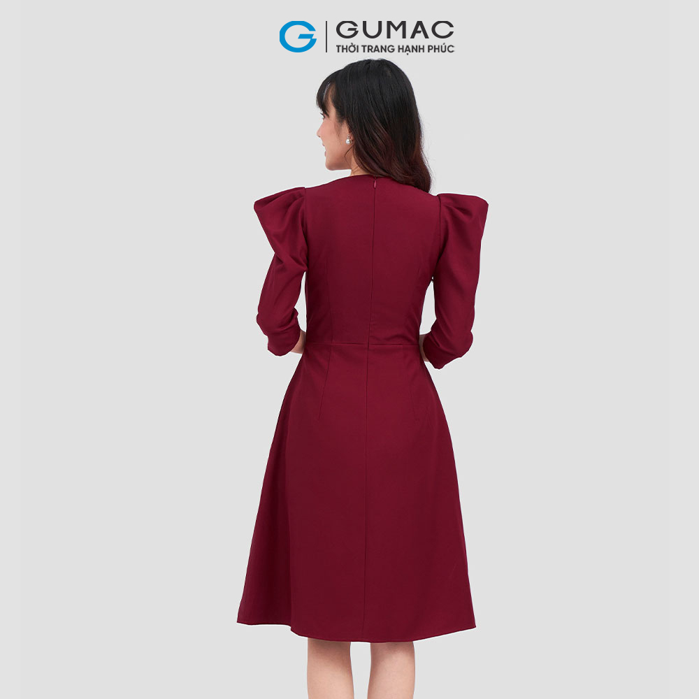 Đầm xòe GUMAC DC12008 cổ thuyền tay nhún sang trọng