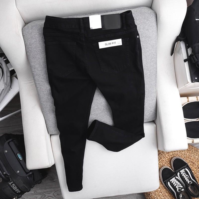 Quần jean nam rách gối cao cấp ôm dáng màu đen slim co giãn