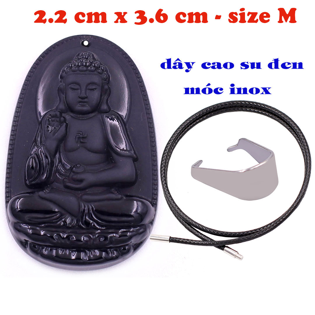Mặt Phật A di đà đá thạch anh đen 3.6 cm kèm vòng cổ cao su đen - mặt dây chuyền size M, Mặt Phật bản mệnh
