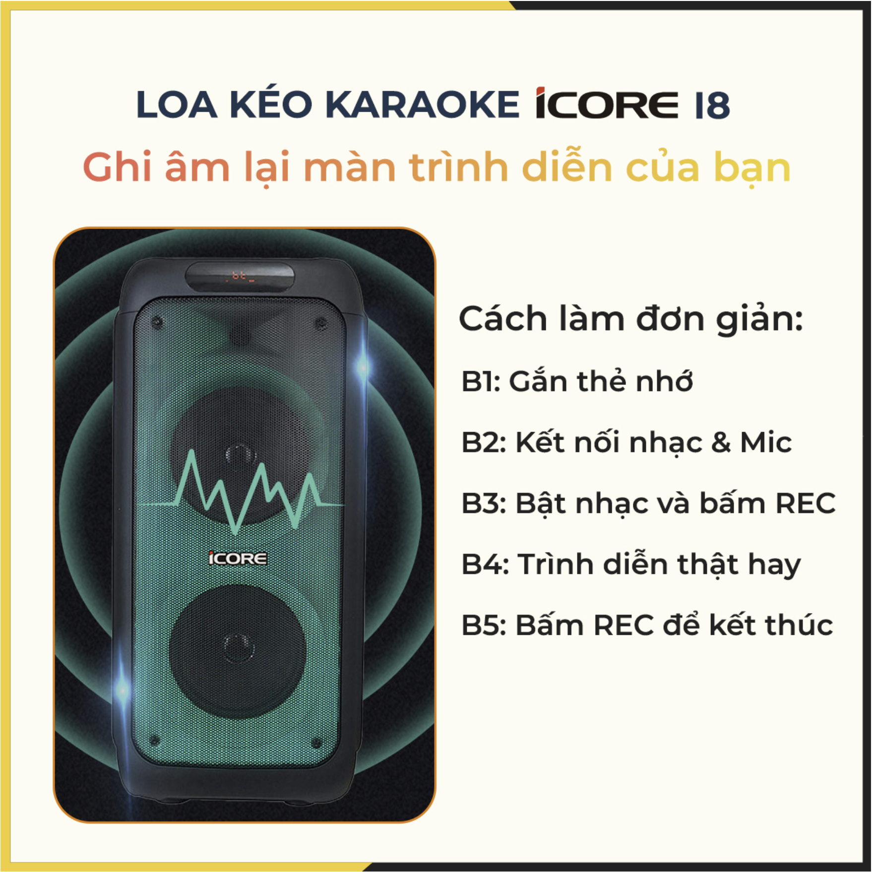 Loa du lịch iCore i8 - Loa karaoke bluetooth xách tay - Loa bass đôi - Kèm 2 micro UHF cao cấp - Hàng Chính Hãng