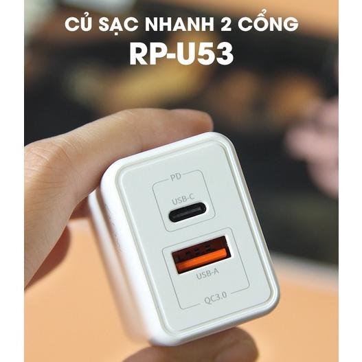 Củ sạc nhanh 2 cổng GaN 65W Remax RP-U53 2 cổng sạc nhanh PD3.0 và QC3.0 sạc đầy 60% pin trong 30 phút - Hàng Chính Hãng