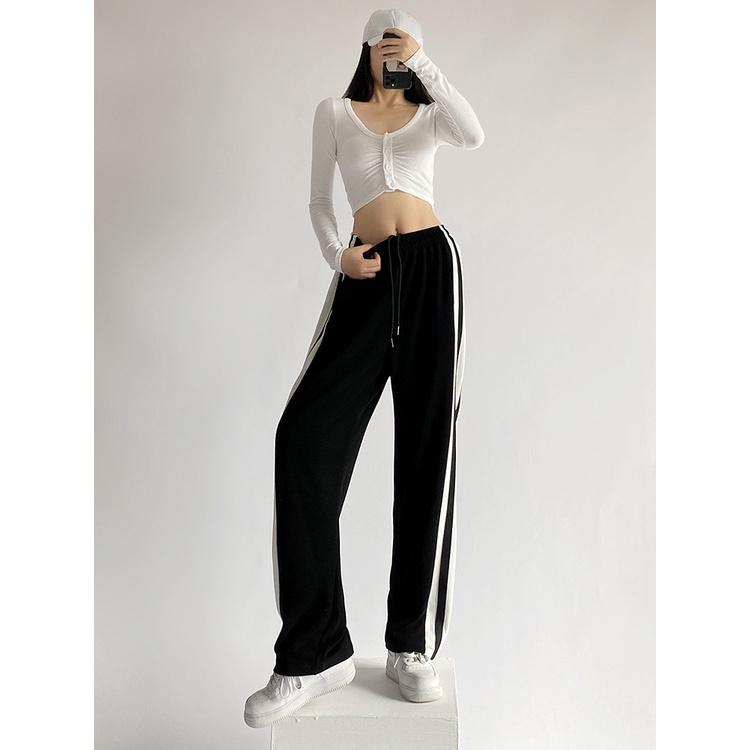 Quần Ống Rộng Nữ Zinti Cạp Thun Culottes Chất Poly Viền Kẻ To 2 Bên Họa Tiết Trơn Đen Viền Trắng QD37
