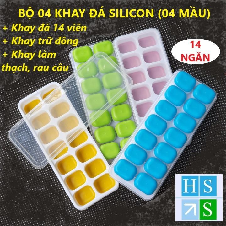 SET 04 Khay đá silicon (14 ngăn , 4 mầu) có nắp đậy không dính mùi thực phẩm, làm rau câu, làm kem, khay trữ đông ăn dặm