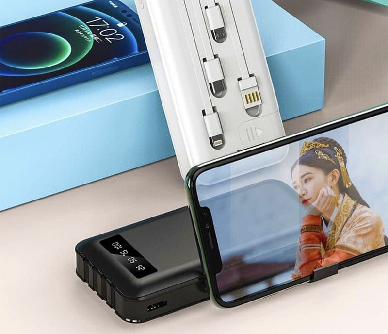 Sạc dự phòng 10000mah tích hợp 4 dây sạc, có đèn báo % pin, kiêm giá đỡ điện thoại