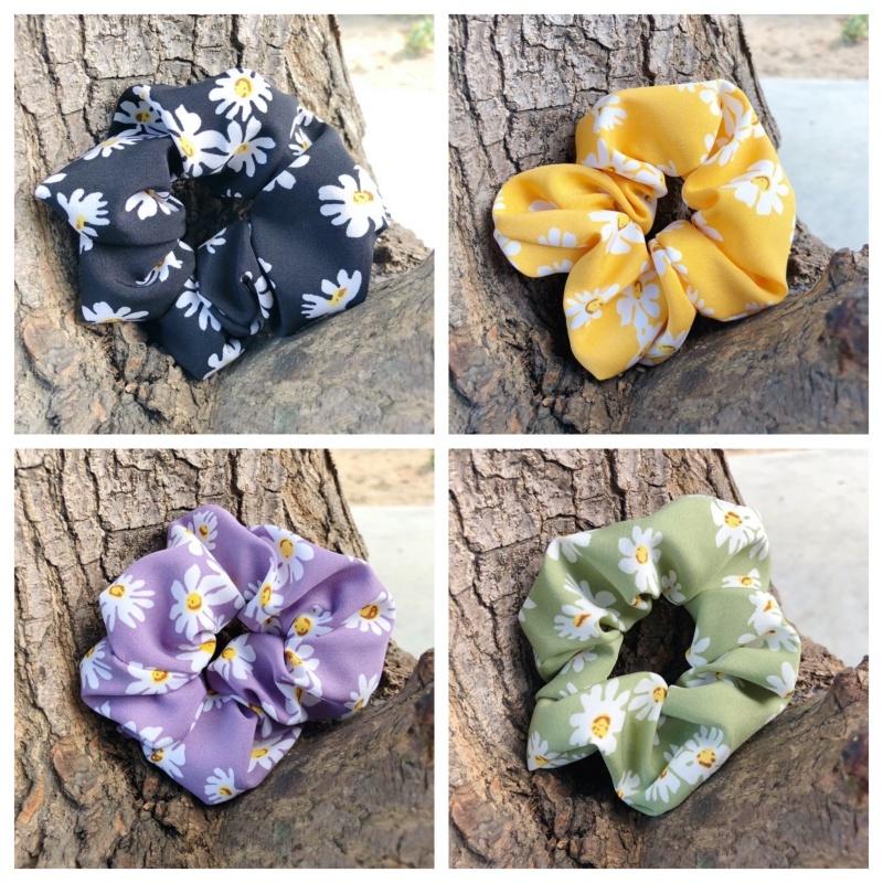 Dây Buộc Tóc Scrunchies Vải Lụa Cao Cấp Họa Tiết Hoa Cúc Xinh Xắn Dễ Thương N05