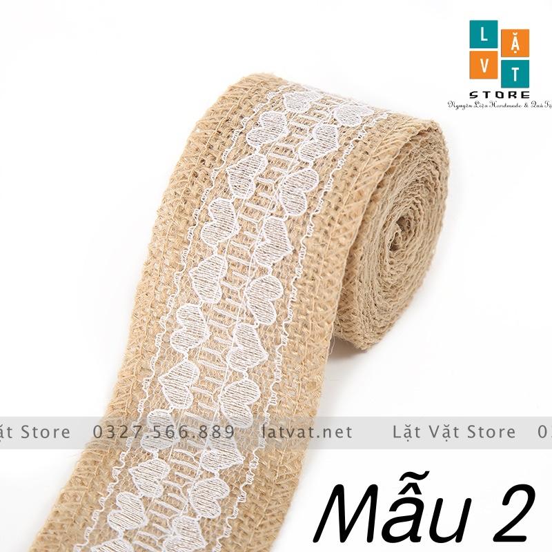 Ruy băng vải bố có ren trắng DIY trang trí, handmade, tiệc cưới, Giáng sinh làm từ sợi đay, ribbon Decor.