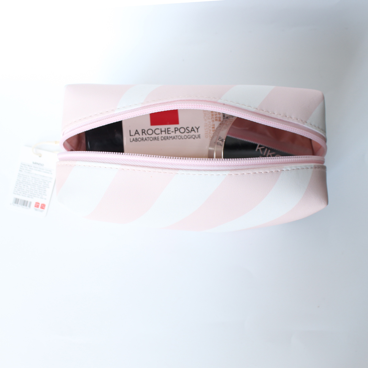 Túi đựng đồ trang điểm mỹ phẩm hình chữ nhật Miniso Striped Square Cosmetic Bag (kẻ trắng hồng), thiết kế Nhật Bản, hàng chính hãng – MNS048