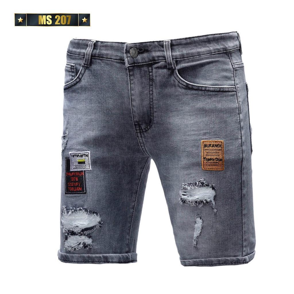 quần short jean nam xám rách khóa kéo lệch thêu logo siêu đẹp hàng cao cấp