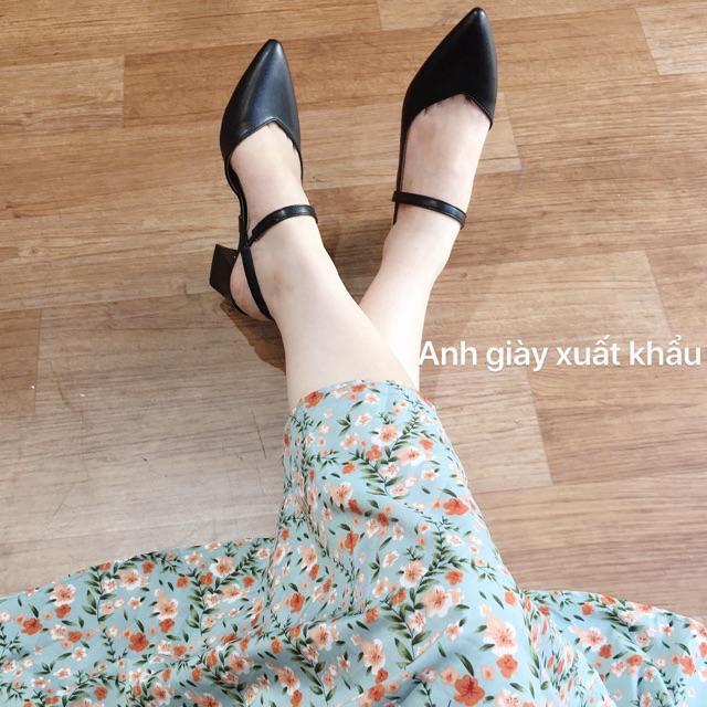 CG13-Giày kín mũi hở gót da lì gót vuông 5p VNXK( ảnh thật, kèm video)