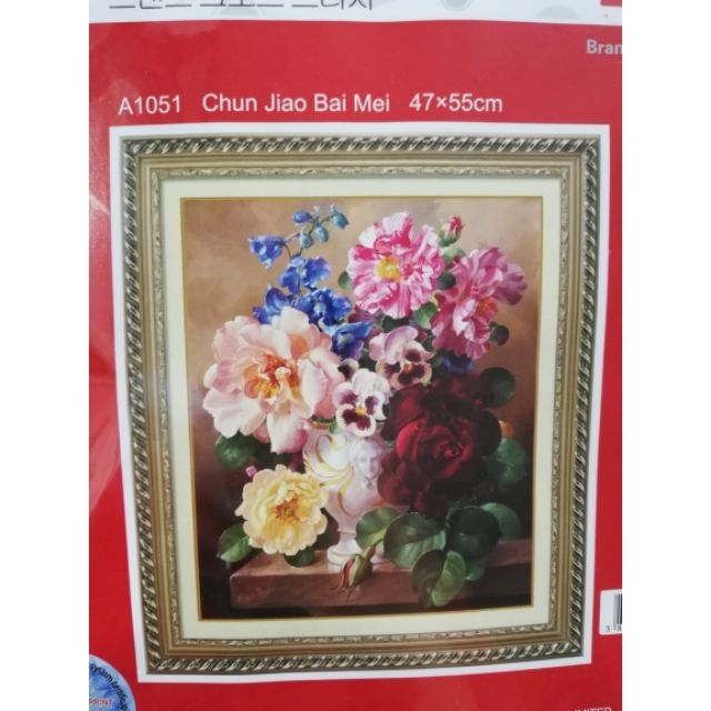 Tranh thêu chữ thập thêu kín Bình Hoa Mẫu Đơn (47*55cm) chưa thêu