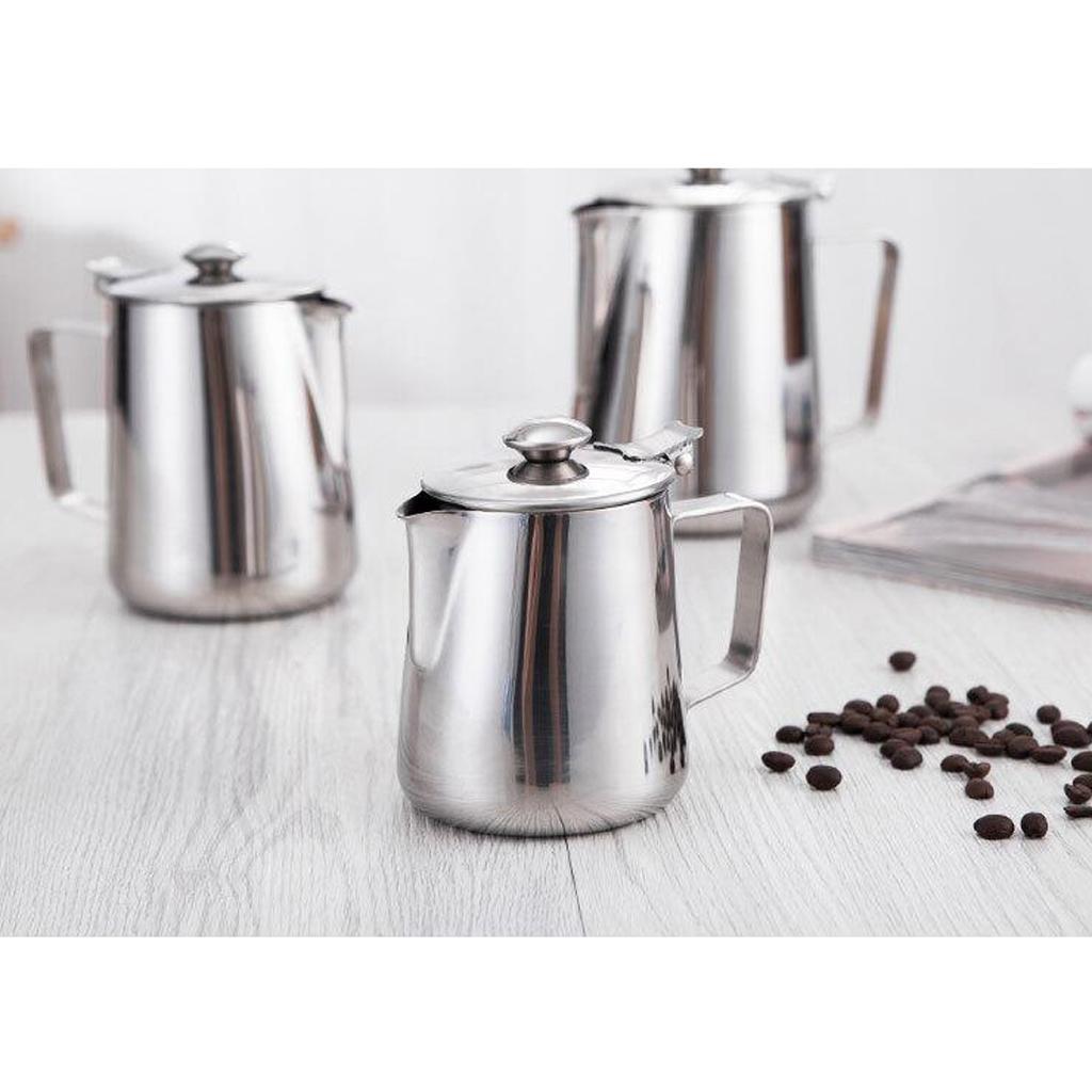 Stainless Coffee Pitcher Milk Frothing Jug Art Making 350ml+1L with Lid