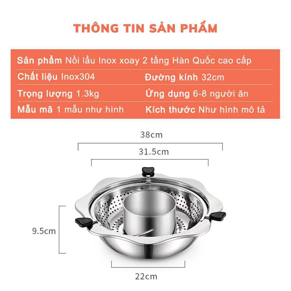 [KoSuyTu] Nồi Lẩu Xoay 2 Tầng/ 2 Ngăn Đa Năng Hàn Quốc - Dùng Được Bếp Từ &amp; Bếp Ga - KT 32cm Cho 6-8 Người Ăn