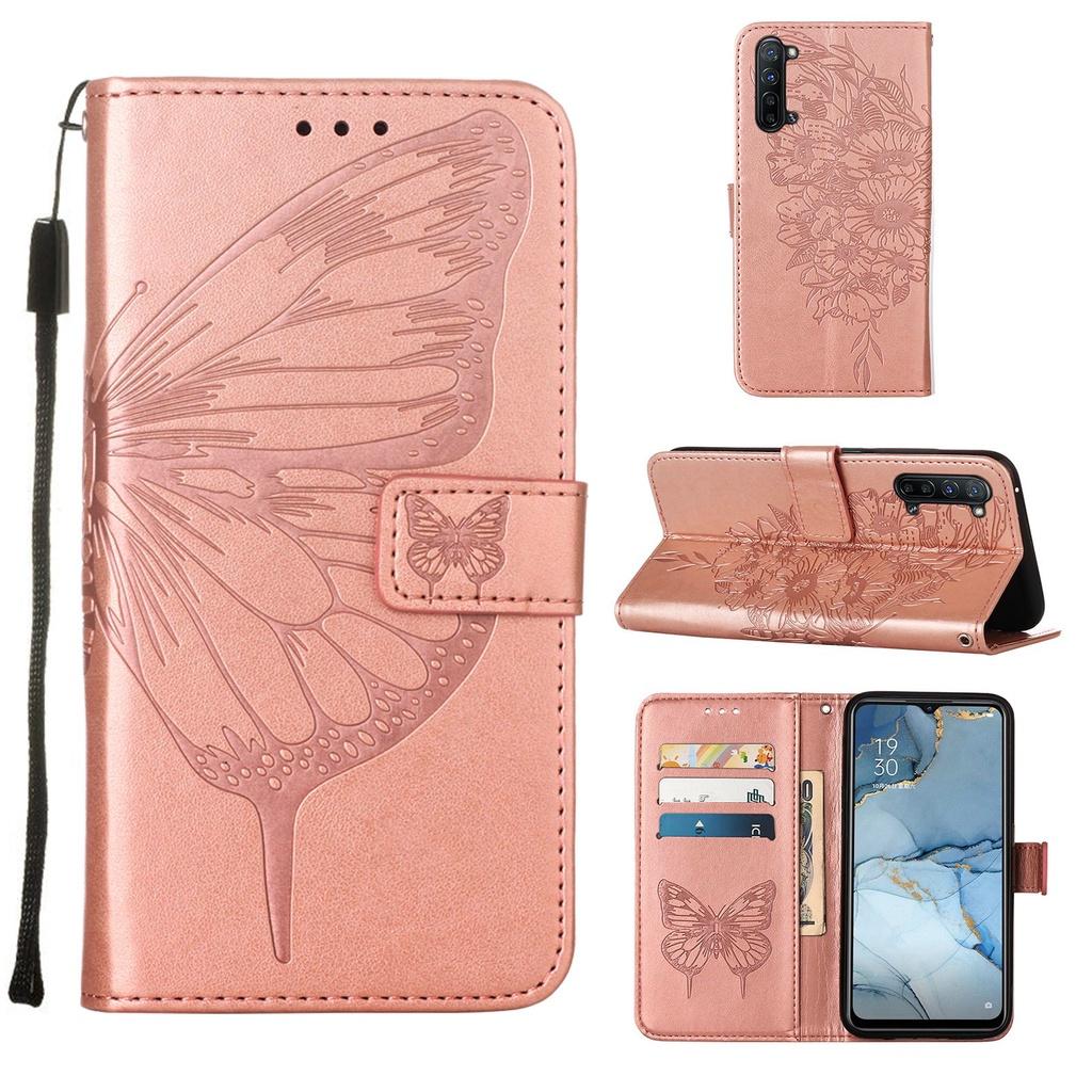 Ốp điện thoại da dạng ví dập nổi hình bướm có giá đỡ cho Oppo Reno6 Pro + 5G Realme 5 6i Find X2 Lite Find X2 Neo
