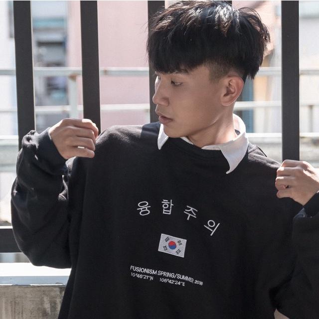 Áo Sweater chất da cá thêu Cờ Hàn dài tay freesize dưới 75kg Unisex