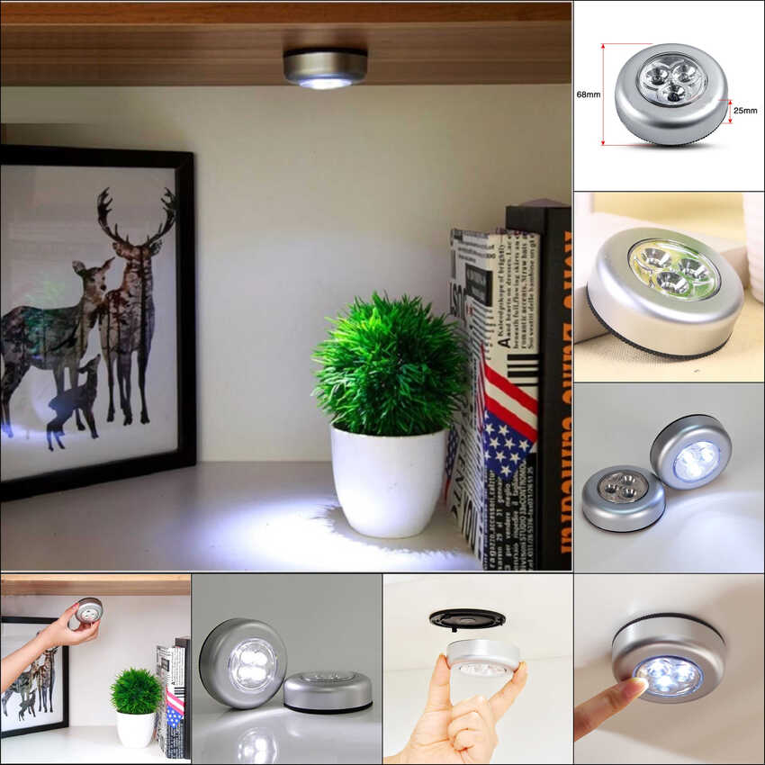 Bóng Đèn Led Dán Tường 3 bóng siêu sáng dùng pin 3A – Tích hợp xốp dính 2 mặt - Dán kệ sách, tủ quần áo, cốp xe, tường, tủ bếp, đầu giường