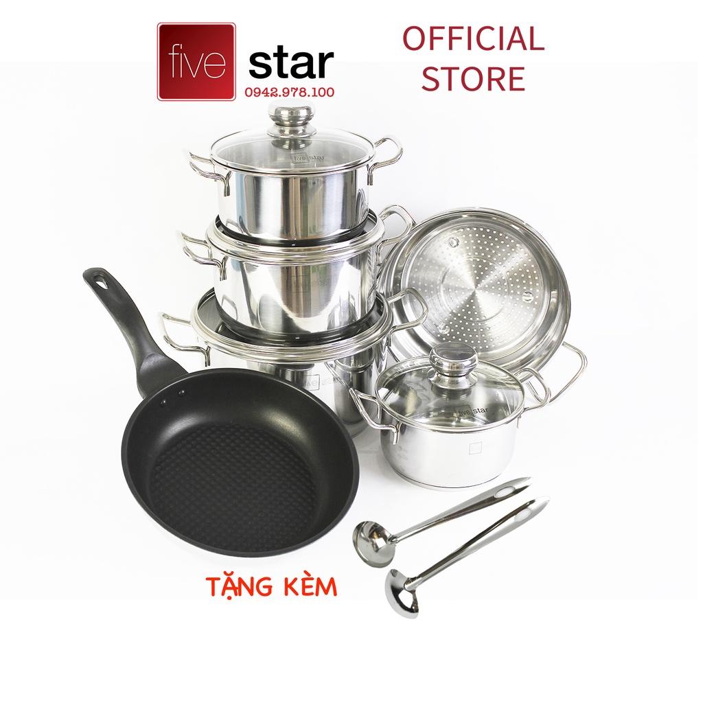 Bộ nồi inox cao cấp FIVESTAR Standard 3 đáy 6 chiếc inox 430 nắp kính dùng được bếp từ , hồng ngoại , tặng 2 vá canh