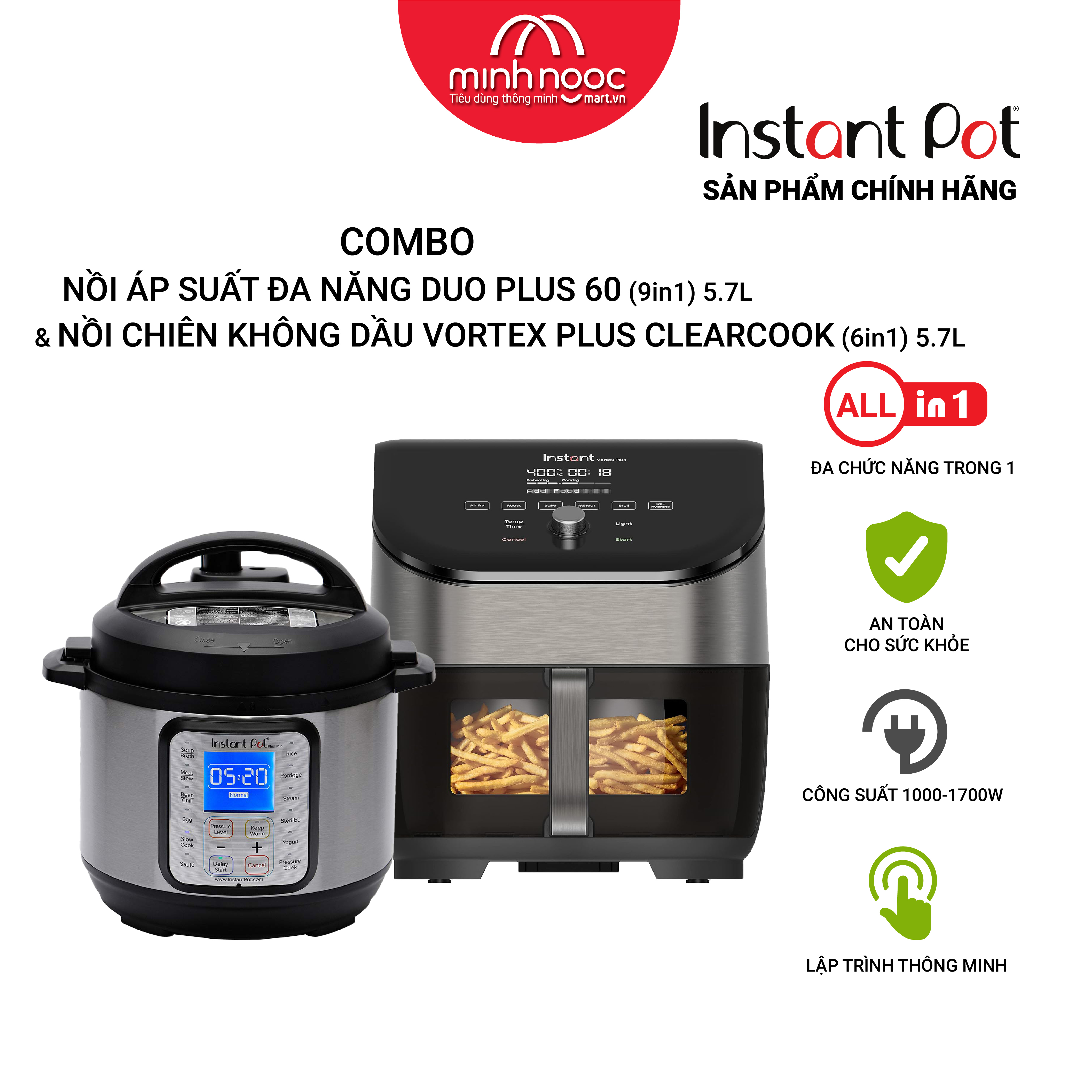 [Hàng chính hãng] [COMBO 2] Nồi áp suất điện Đa Năng Instant Pot Duo Plus, dung tích 5.7 Lít,. 9 chức năng trong 1 (9 in1) &amp; Nồi chiên Instant Vortex Plus ClearCook dung tích  5.7 lít . 7 chức năng trong 1 (7 in1)