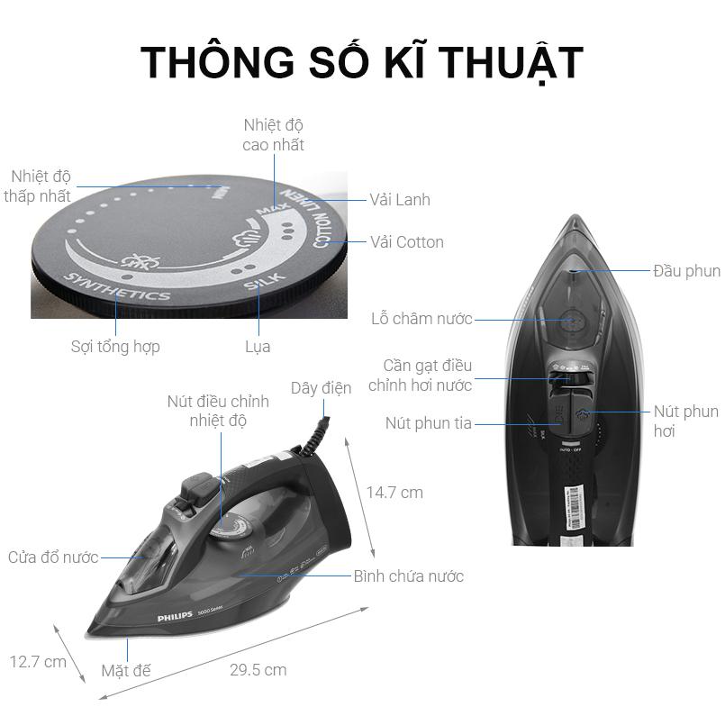 Bàn Ủi Hơi Nước Philips DST5040/80, Công suất 2600W - Hơi Tăng cường 200g/phút, Mặt đế Steamglide Plus, Hàng Chính Hãng