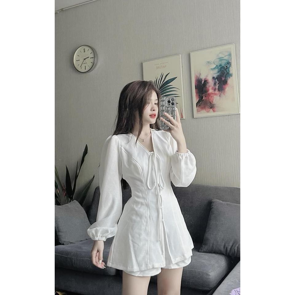 Set Bộ Đùi Cotton lạnh thời trang nữ tay dài mặc đi chơi cổ V tiểu thư cột dây tay phồng màu trắng