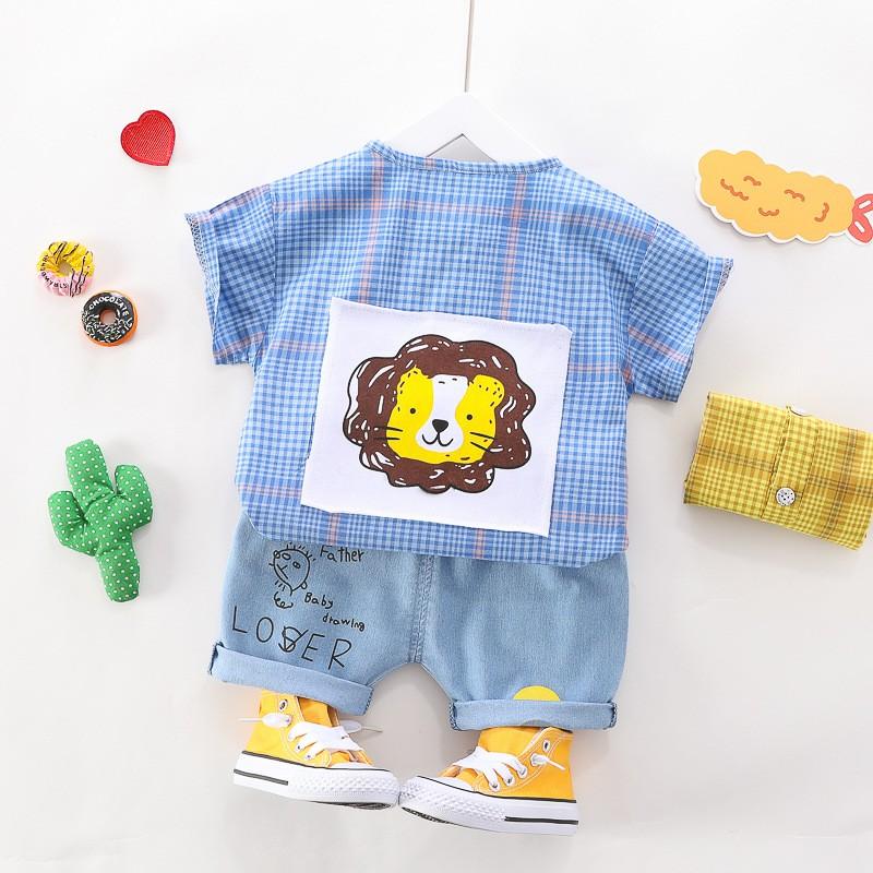 Set áo kẻ in hình sư tử con + quần đùi jean mặt cười hàng cho bé