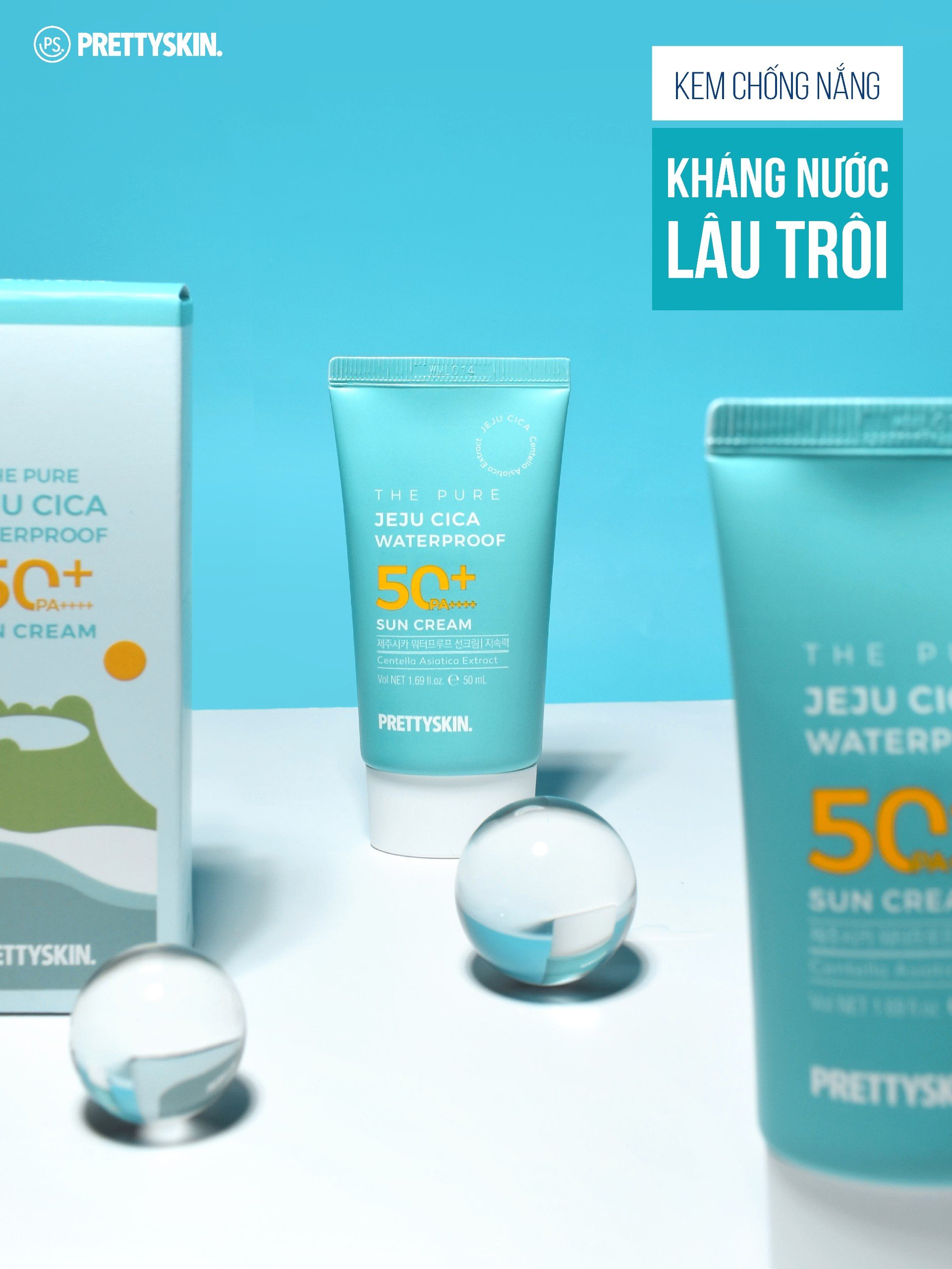 Kem chống nắng rau má nâng tông kháng nước, lấu trôi - Pretty Skin The pure jeju cica Waterproof Sun Cream