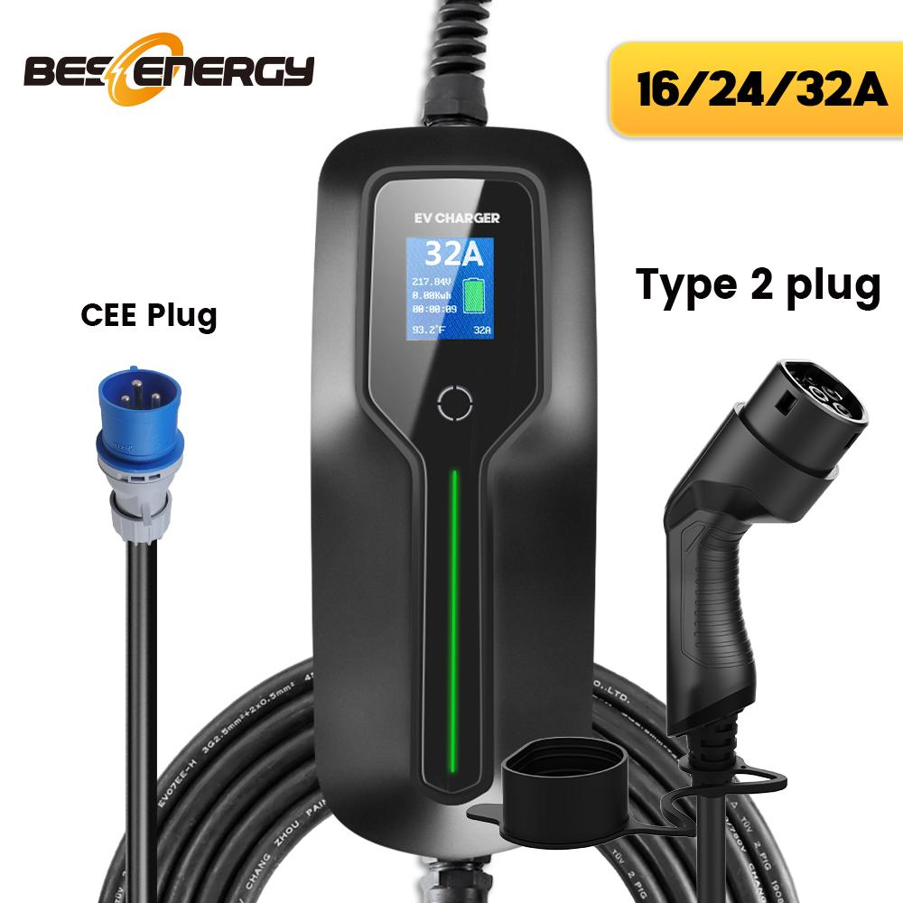 Bộ sạc xe điện EV Bộ sạc 2 Bộ sạc 7kW Công tắc hiện tại 16/24/32A Hộp sạc di động CEE PLUP 220V IEC 62196-2 6M