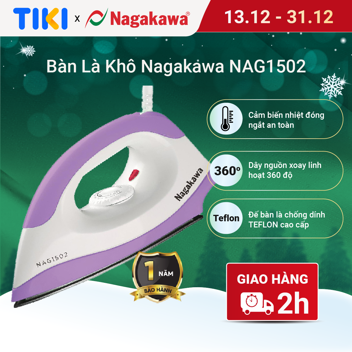 Bàn Ủi Khô Nagakawa NAG1502 - Tím - Hàng Chính Hãng