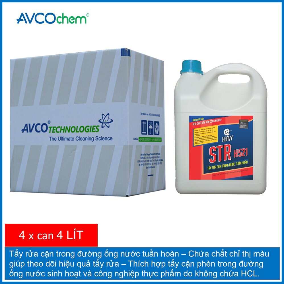 Chất tẩy rửa cặn trong nước tuần hoàn AVCOChem - STR H-521 - Thùng carton (4 x can 4 lít) - Hàng Chính Hãng