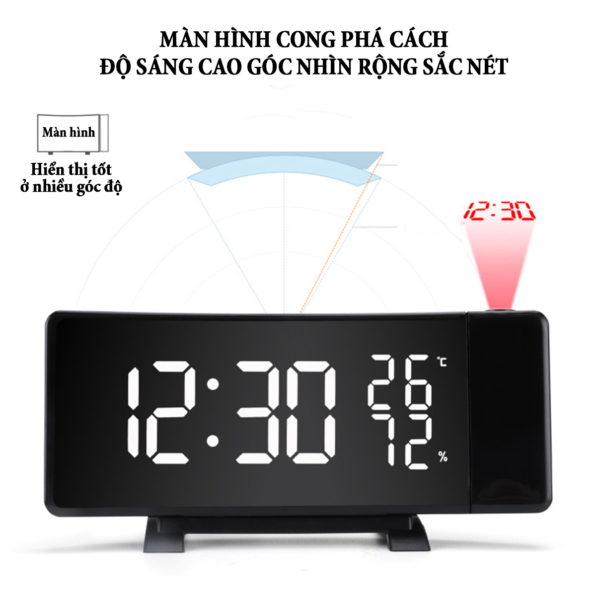 Đồng hồ để bàn kỹ thuật số Projection màn hình cong tích hợp nhiều chức năng với đèn led chiếu tường radio FM báo thức cổng USB kép