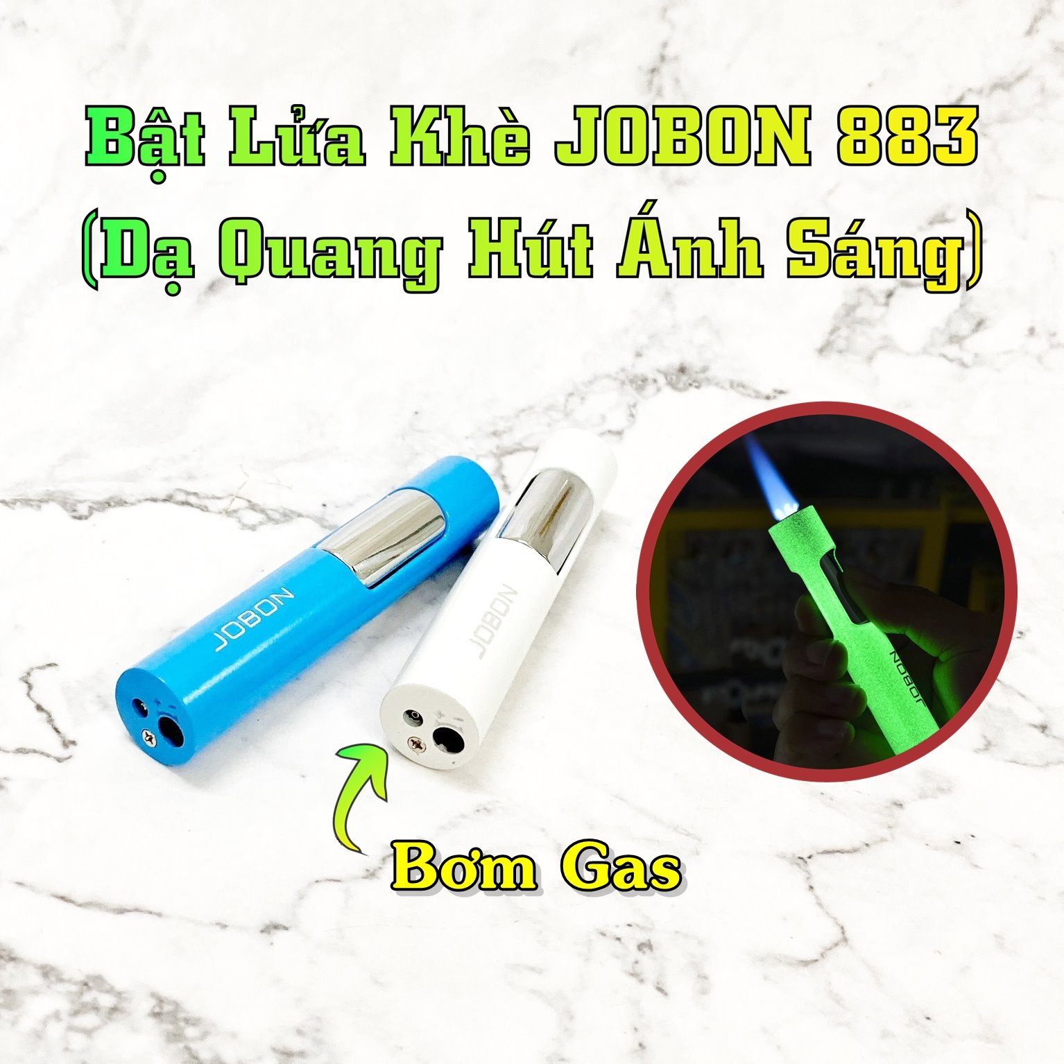 Hột quẹt bật lửa khè JOBON 883 dạ quang hút ánh sáng - xài gas