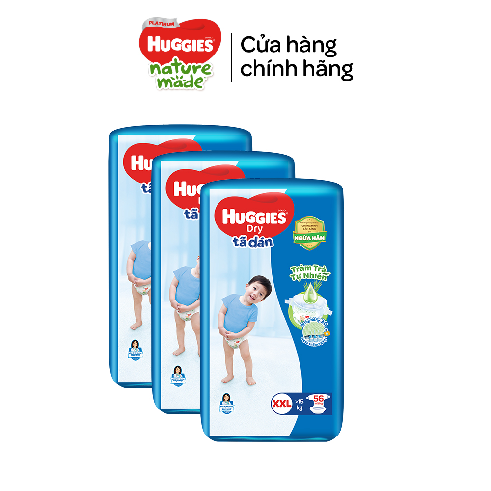 [Tặng 18 miếng cho size M và L] Combo 3 Tã/bỉm dán tràm trà tự nhiên Huggies Dry Super Jumbo M76/L68/XL62/XXL56